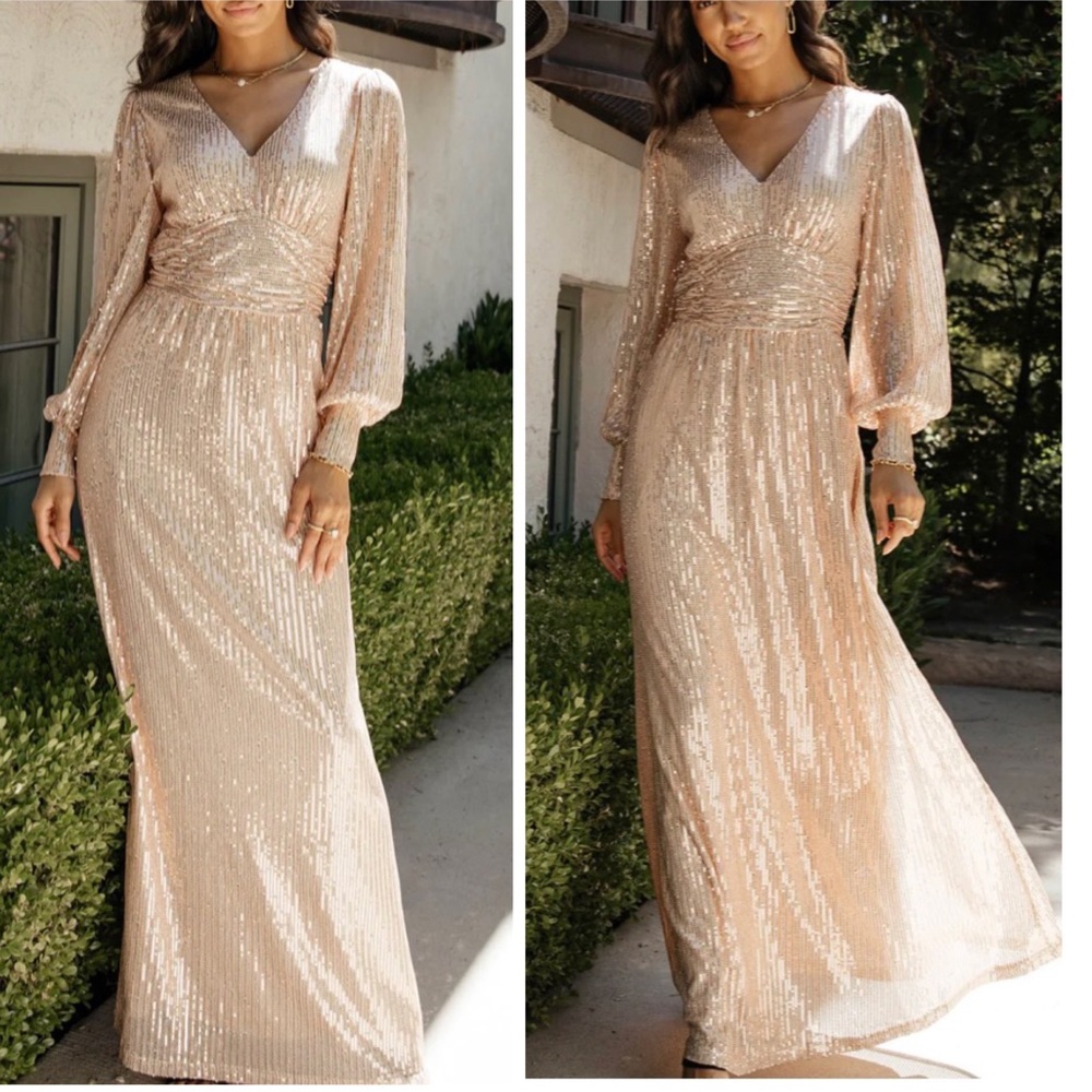 Champagne Sequin Long Sleeve Formal Maxi Dress